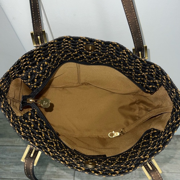 ERIC JAVITS straw raffia black and tan leather trim tote. Beach/ summer tote. - Picture 11 of 14